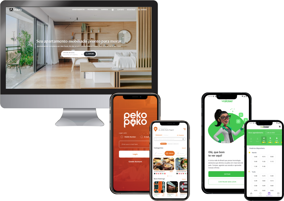 Computador com a visualização da página inicial do website da empresa Tabas, dois dispositivos celulares com a visualização da página de cadastro e página de busca no aplicativo da empresa Peko Peko e dois dispositivos celulares com a visualização da página inicial e página de agendamento no aplicativo da empresa Vialaser.