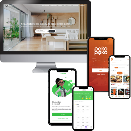 Computador com a visualização da página inicial do website da empresa Tabas, dois dispositivos celulares com a visualização da página de cadastro e página de busca no aplicativo da empresa Peko Peko e dois dispositivos celulares com a visualização da página inicial e página de agendamento no aplicativo da empresa Vialaser.