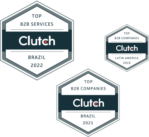 The image consists of 3 Clutch prize symbols referring to Plathanus. On the left, the first symbol is written “Top B2B Services, Brazil 2022”, followed by “Top B2B Companies, Latin America 2019” and the last “Top B2B Companies, Brazil 2021”